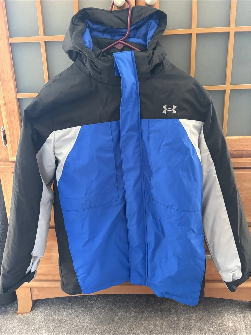 Under Armour Blue Black Gray Colorblock Hooded Jacket with Soft Shell insert